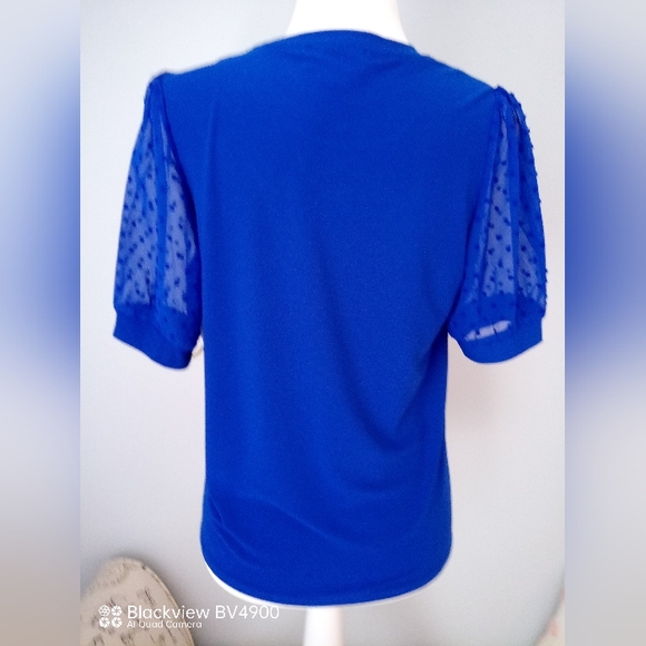 CeCe dark blue top with sheer short sleeves. - Picture 2 of 3
